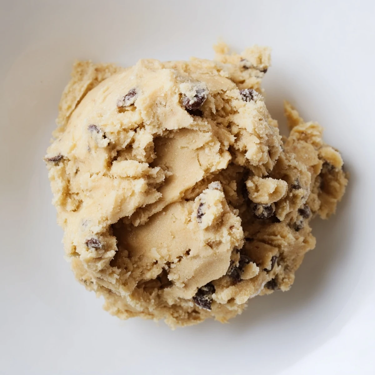 A spoonful of Chocolate Chip Greek Yogurt Cookie Dough, creamy and dotted with mini chocolate chips, served chilled.