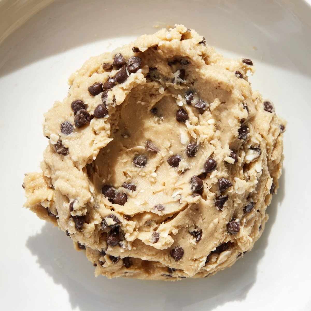 Chocolate Chip Greek Yogurt Cookie Dough in a glass jar, with a spoon and almond flour dusted around.