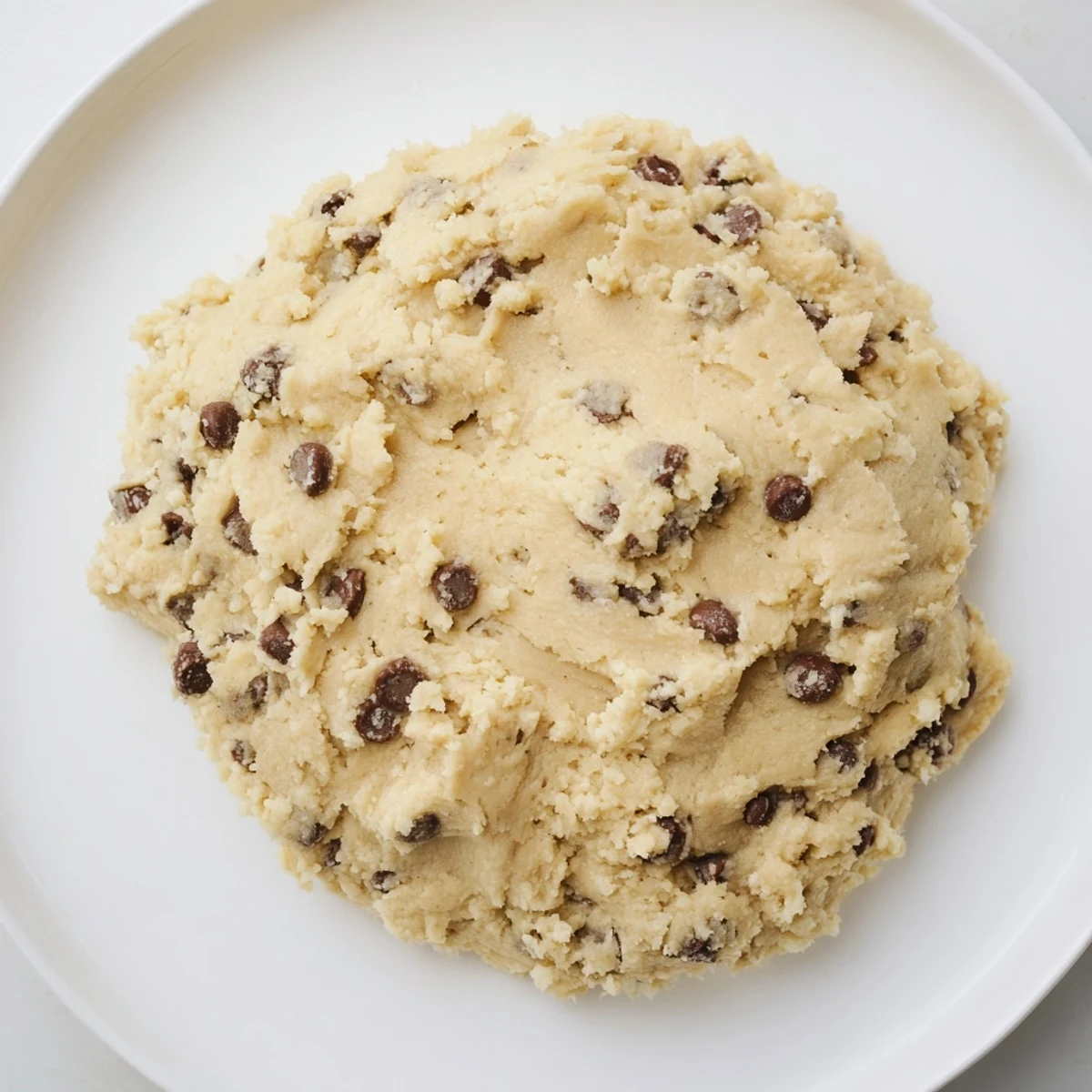 Close up of Chocolate Chip Greek Yogurt Cookie Dough, thick and scoopable, ready to eat straight from the bowl.