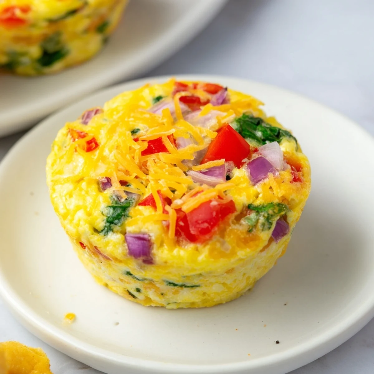 Golden-brown Best Frittata Egg Muffins, packed with spinach, peppers, and melty cheddar cheese, baked in a muffin tin.