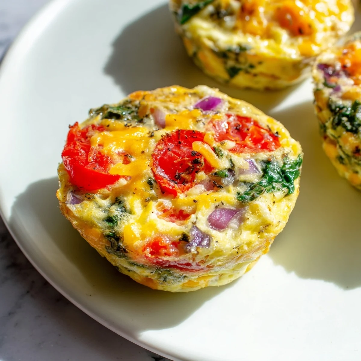 Freshly baked Best Frittata Egg Muffins reveal fluffy texture, featuring cherry tomatoes and onions, ready to be enjoyed warm.