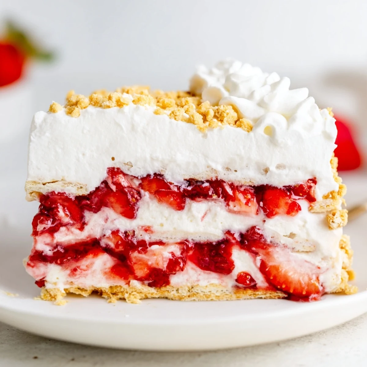 This Easy Strawberry Shortcake Ice Cream Cake is garnished with whipped cream and berries, perfect for a summer dessert spread.