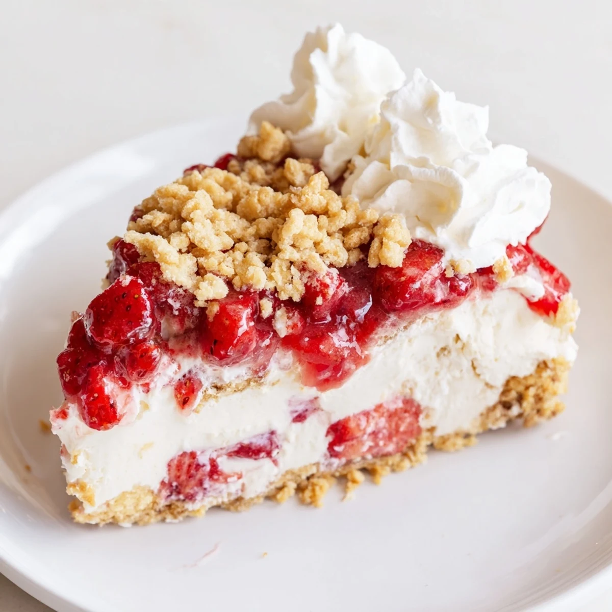 A slice of Easy Strawberry Shortcake Ice Cream Cake showcases creamy vanilla layers with fresh strawberry filling and crumbly topping.