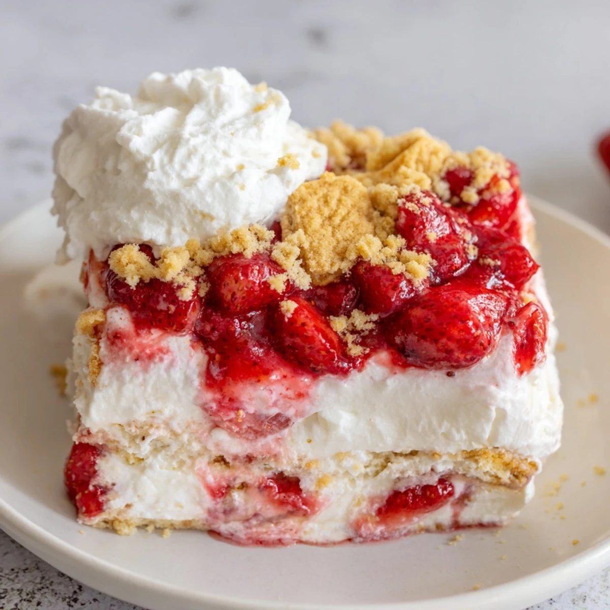 Visually impaired users can imagine the Easy Strawberry Shortcake Ice Cream Cake with its textured crumble and vibrant strawberry drizzle.