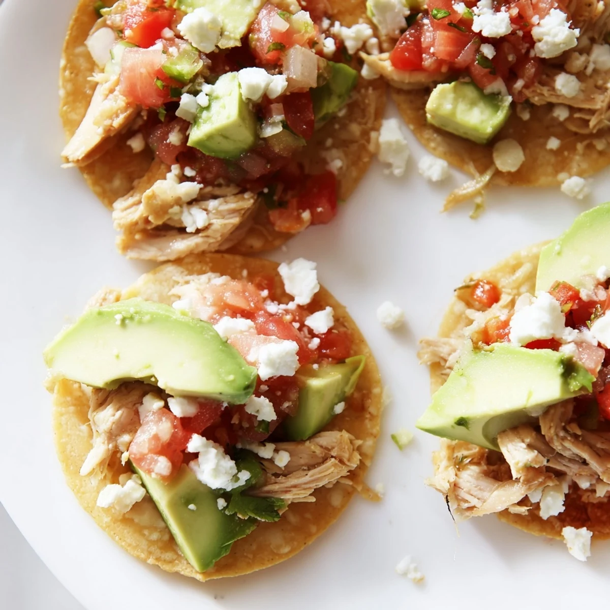 Freshly assembled mini chicken tostadas with shredded lettuce and lime wedges for squeezing.