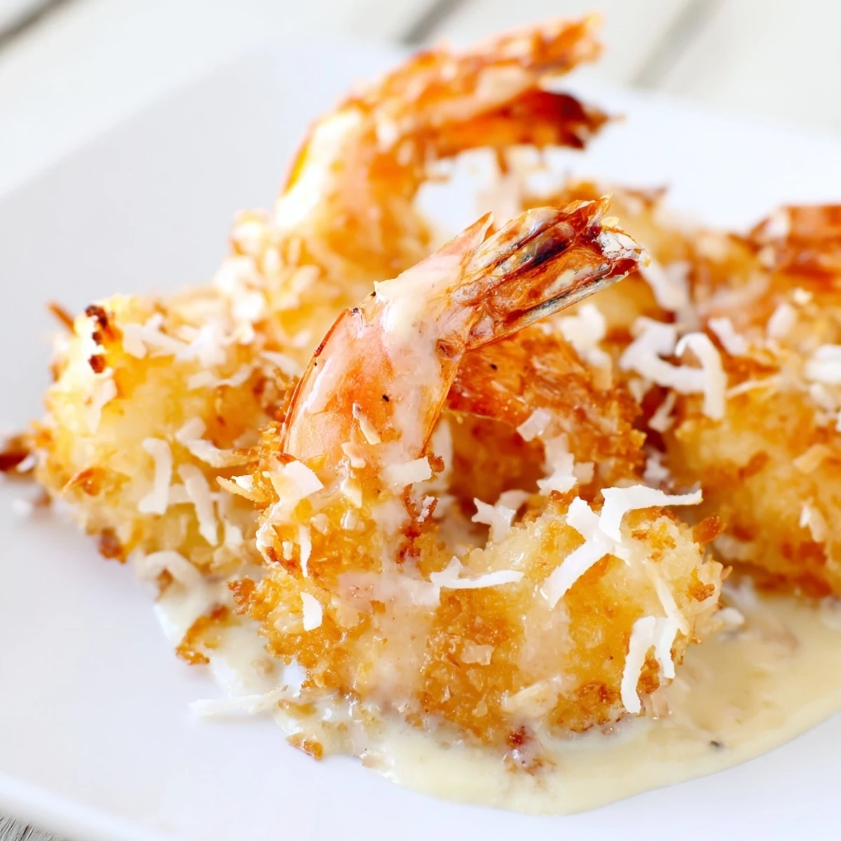 Golden-battered Chinese Coconut Shrimp with toasted coconut and green onions on a plate.