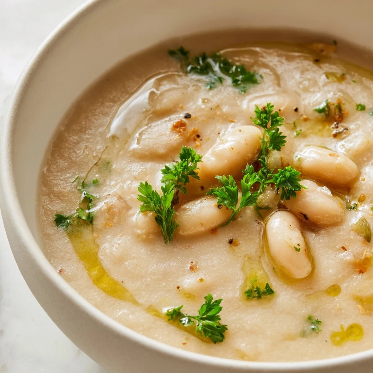 A close-up of creamy Rosemary and Roasted Garlic White Bean Soup garnished with fresh parsley and a drizzle of olive oil.