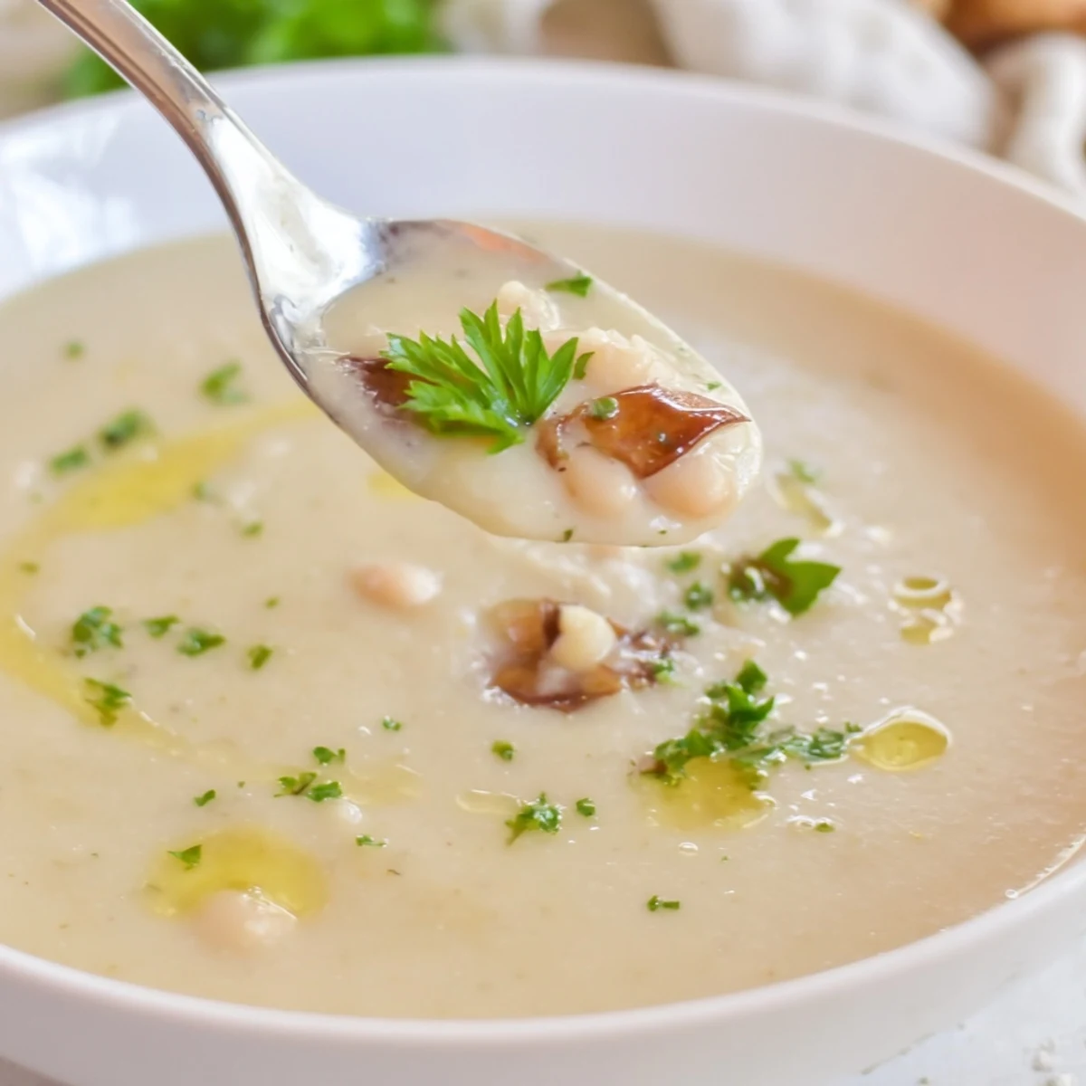 Smooth Rosemary and Roasted Garlic White Bean Soup in a ceramic mug, perfect for a cozy Mediterranean-inspired meal.