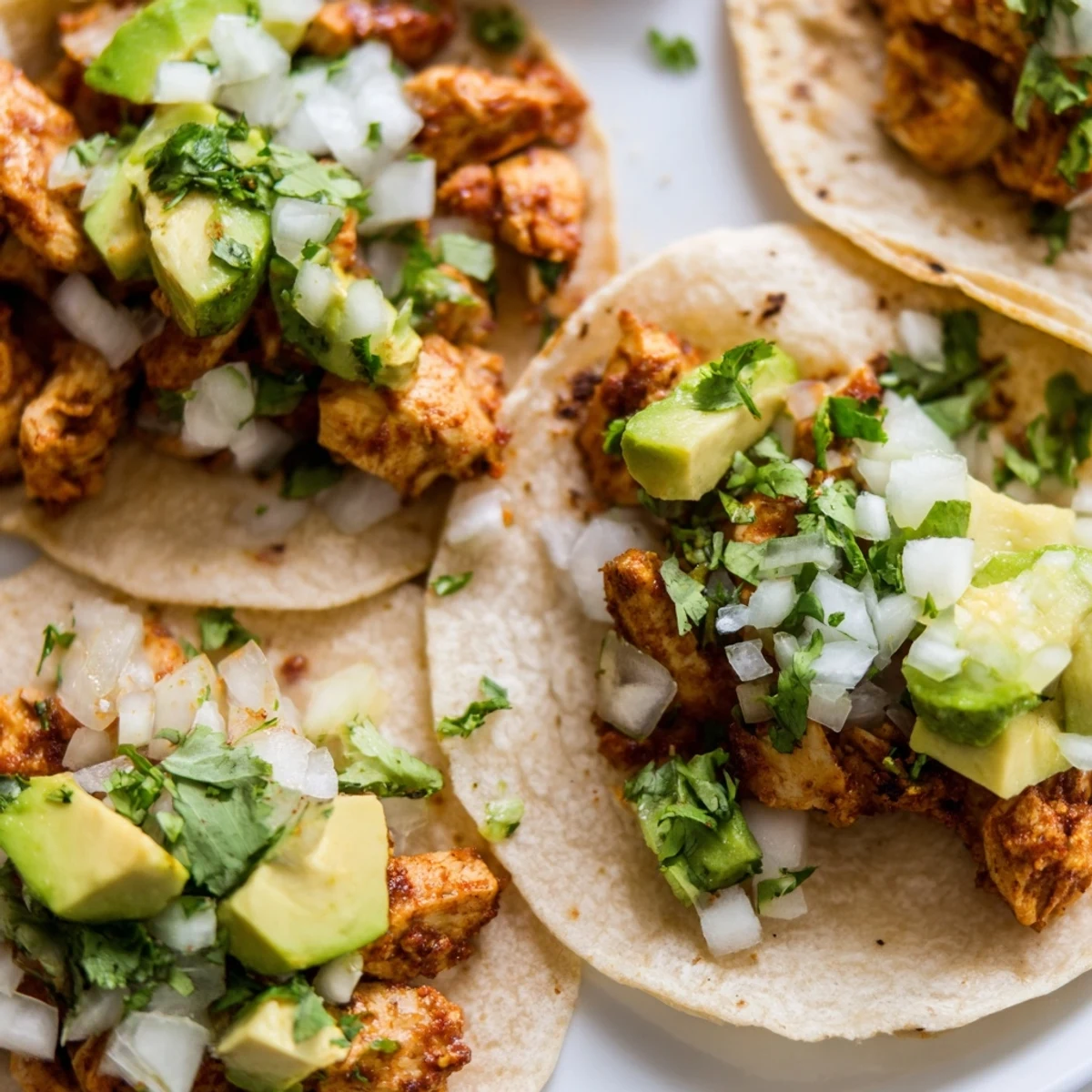 Golden-brown grilled chicken pieces nestled in warm corn tortillas, garnished with fresh cilantro and diced onion for Chicken Street Tacos.