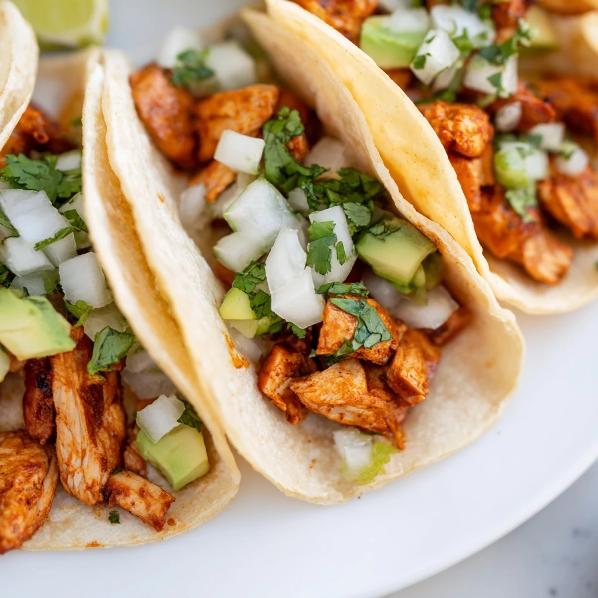 A close-up of Chicken Street Tacos featuring tender marinated chicken, creamy avocado slices, and a squeeze of lime on top.