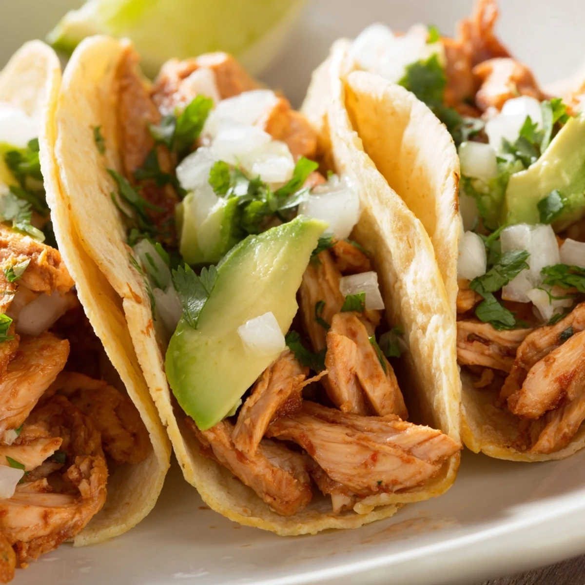 A rustic platter of Chicken Street Tacos topped with crumbled cotija cheese and served with lime wedges and salsa.