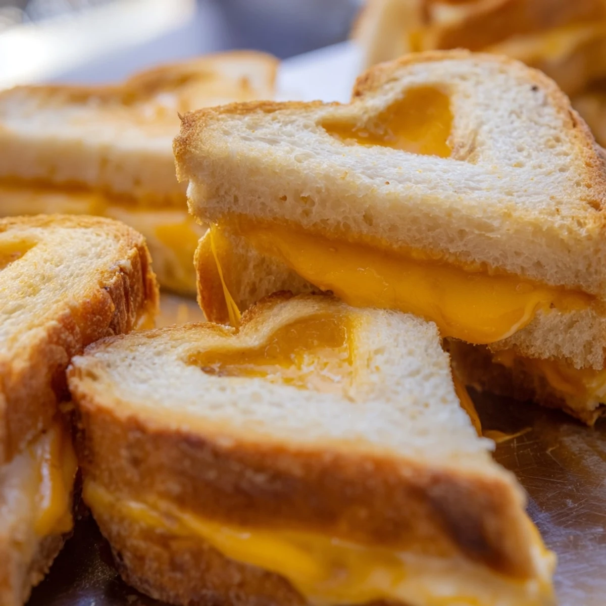 Golden-brown Mini Grilled Cheese Hearts on a rustic wooden board, showcasing melted cheddar oozing from heart-shaped bread.