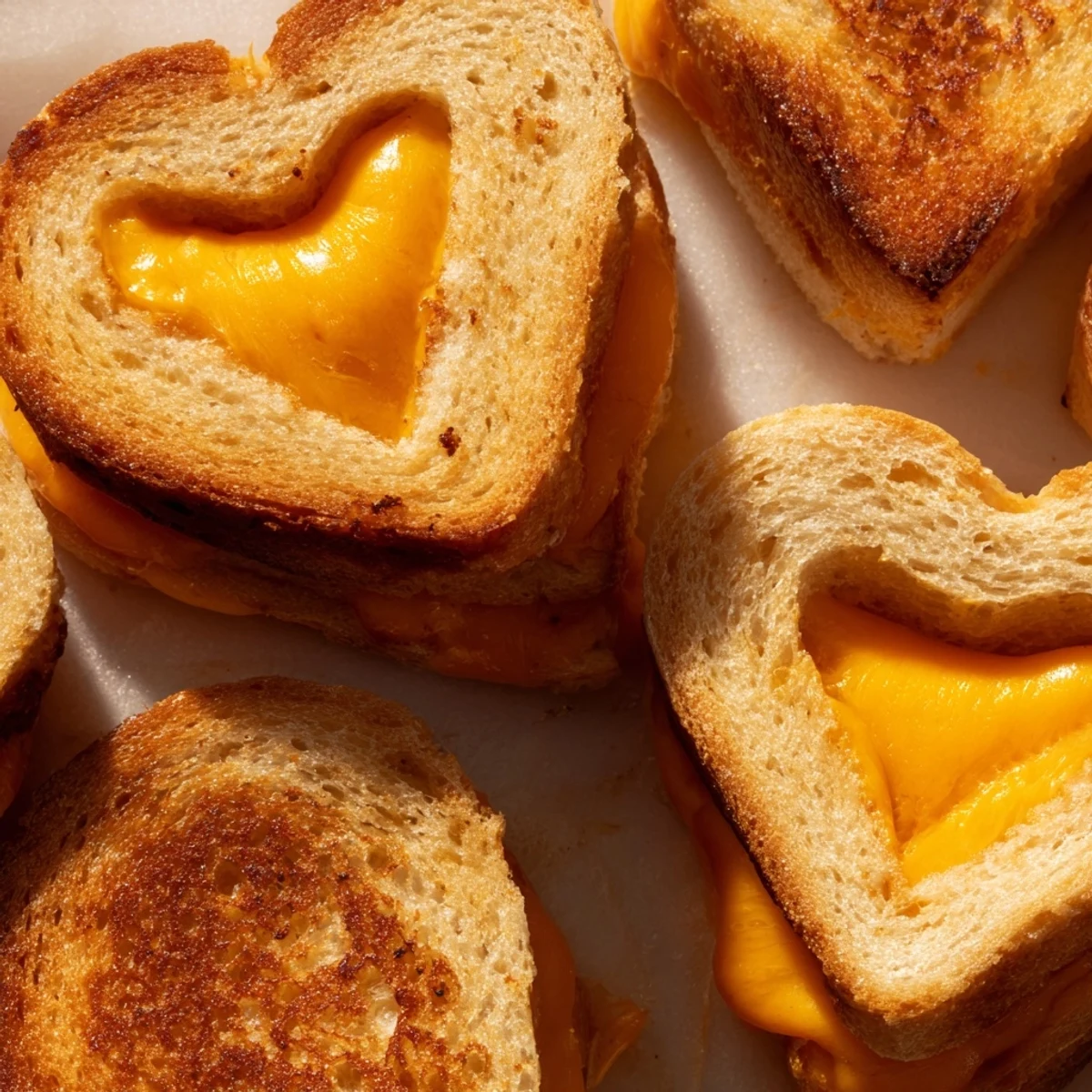 Freshly prepared Mini Grilled Cheese Hearts arranged neatly on a white plate, ready for a festive Valentine's Day snack.