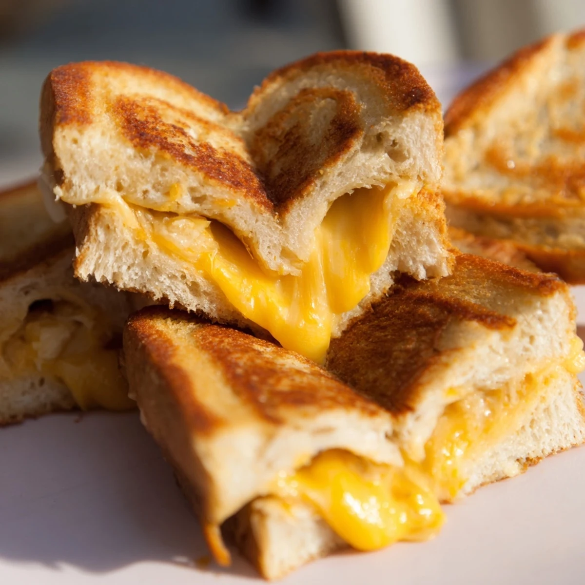 Close-up view of Mini Grilled Cheese Hearts, highlighting the crisp buttery crust and gooey American cheese filling.