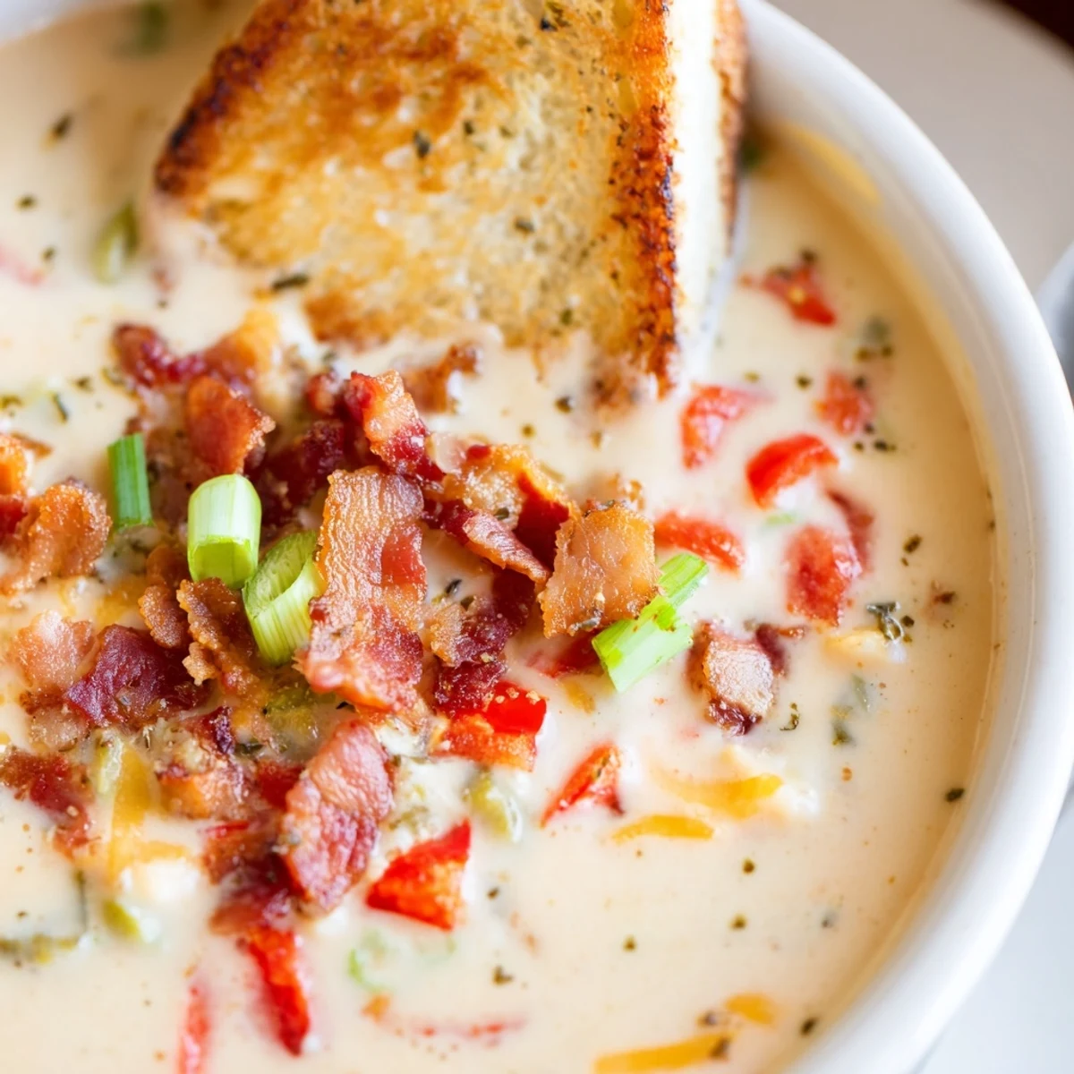A bowl of creamy Spicy Jalapeño Popper Soup With Grilled Cheese Dippers, topped with green onions and crumbled bacon.