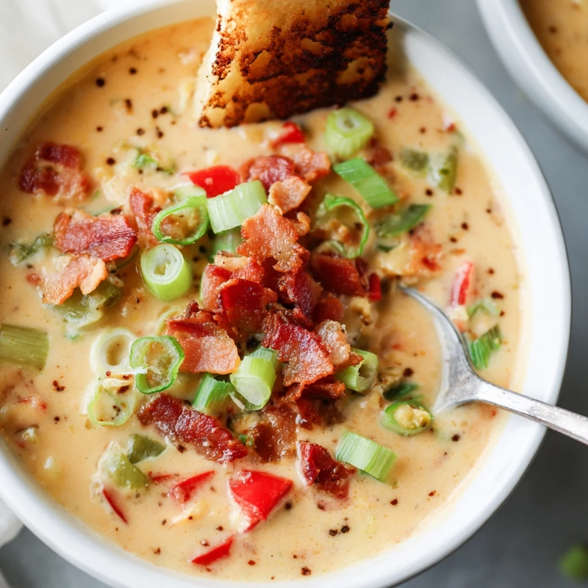 Spicy Jalapeño Popper Soup With Grilled Cheese Dippers served in a rustic ceramic bowl on a wooden table.