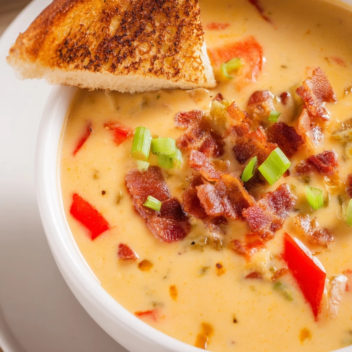 Close-up of golden-brown Grilled Cheese Dippers alongside a steaming bowl of Spicy Jalapeño Popper Soup with melted cheese.
