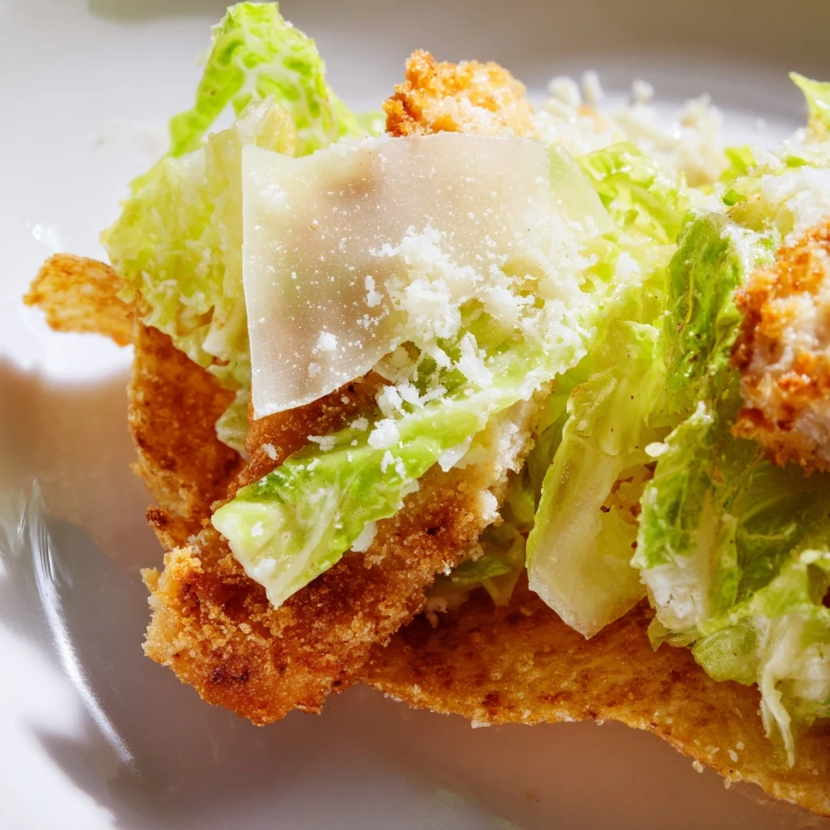 A close-up of Crispy Chicken Caesar Salad Chips on a rustic wooden board, with shredded romaine and parmesan shavings on top of golden baked potato chips.
