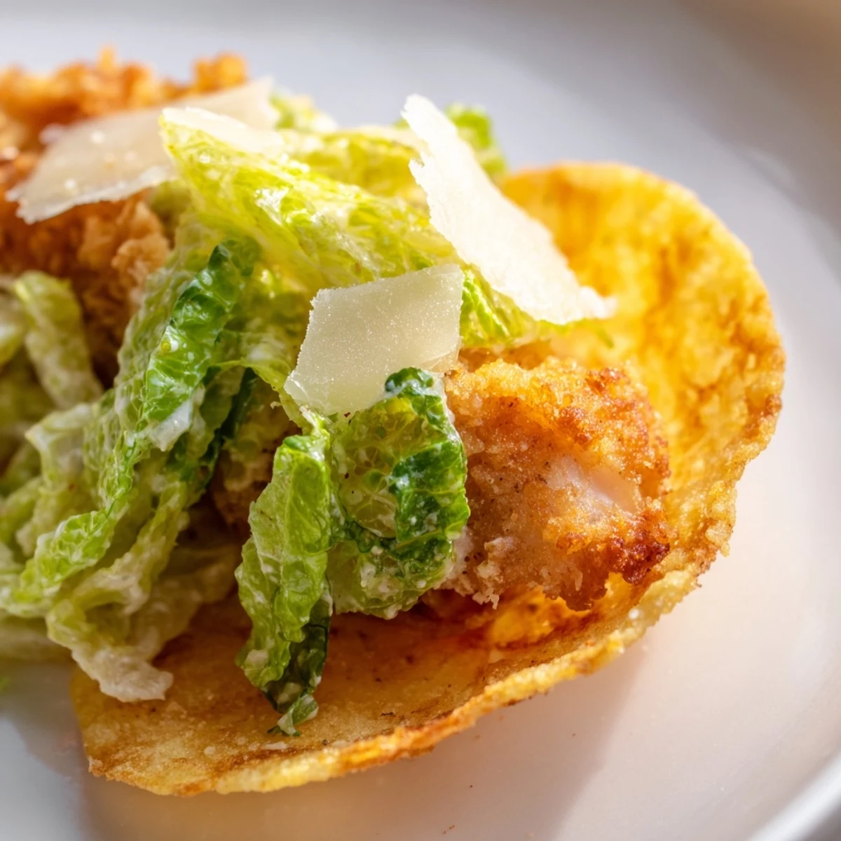 Crispy Chicken Caesar Salad Chips served on a white platter, showcasing layers of dressed lettuce, crispy chicken, and shaved parmesan for a tasty snack.