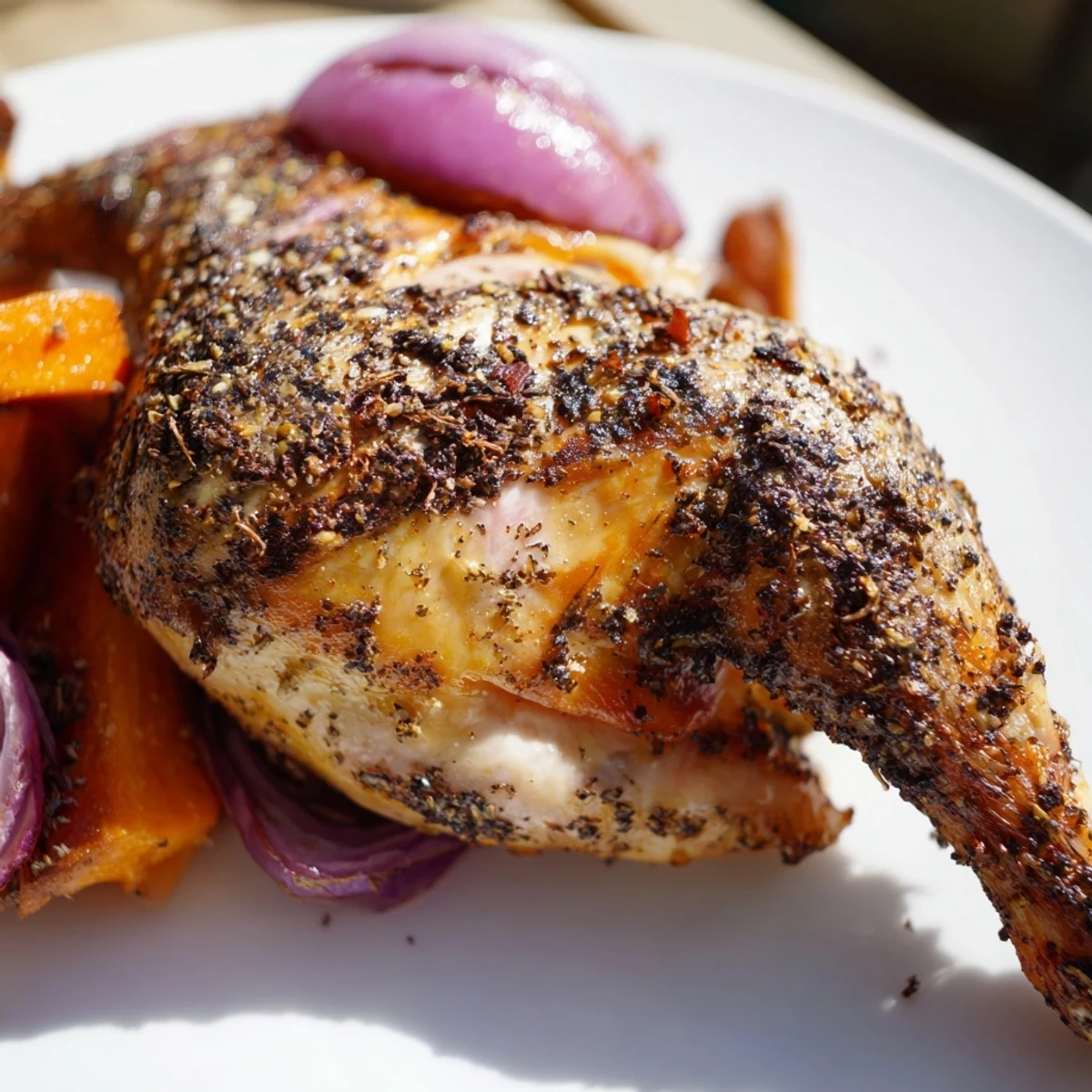 Juicy roasted zaatar chicken is served on a platter with pan juices and vegetables, showing tender meat and fragrant zaatar spices.