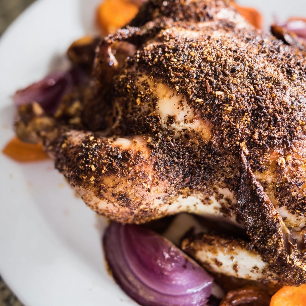 Golden-brown roasted zaatar chicken with crispy skin sits beside roasted carrots and onions, garnished with fresh lemon slices and herbs.