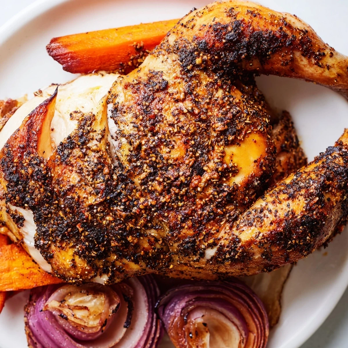 Close-up of roasted zaatar chicken highlighting crispy herb crust and juicy interior, with lemon wedges and roasted veggies nearby.