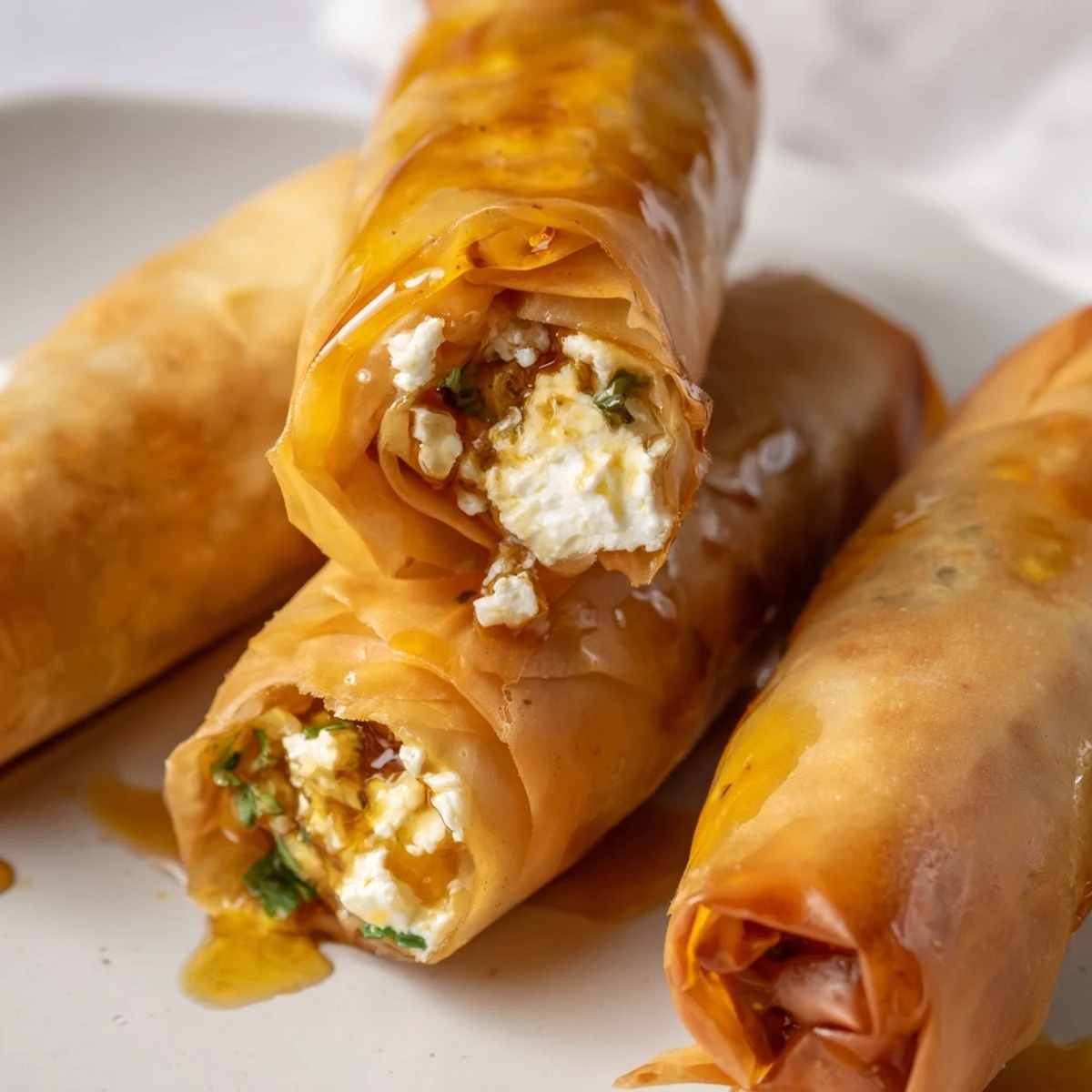 Close-up of Oven Fried Feta Rolls With Chili Honey showing flaky filo pastry layers and creamy feta filling, served on a wooden board.