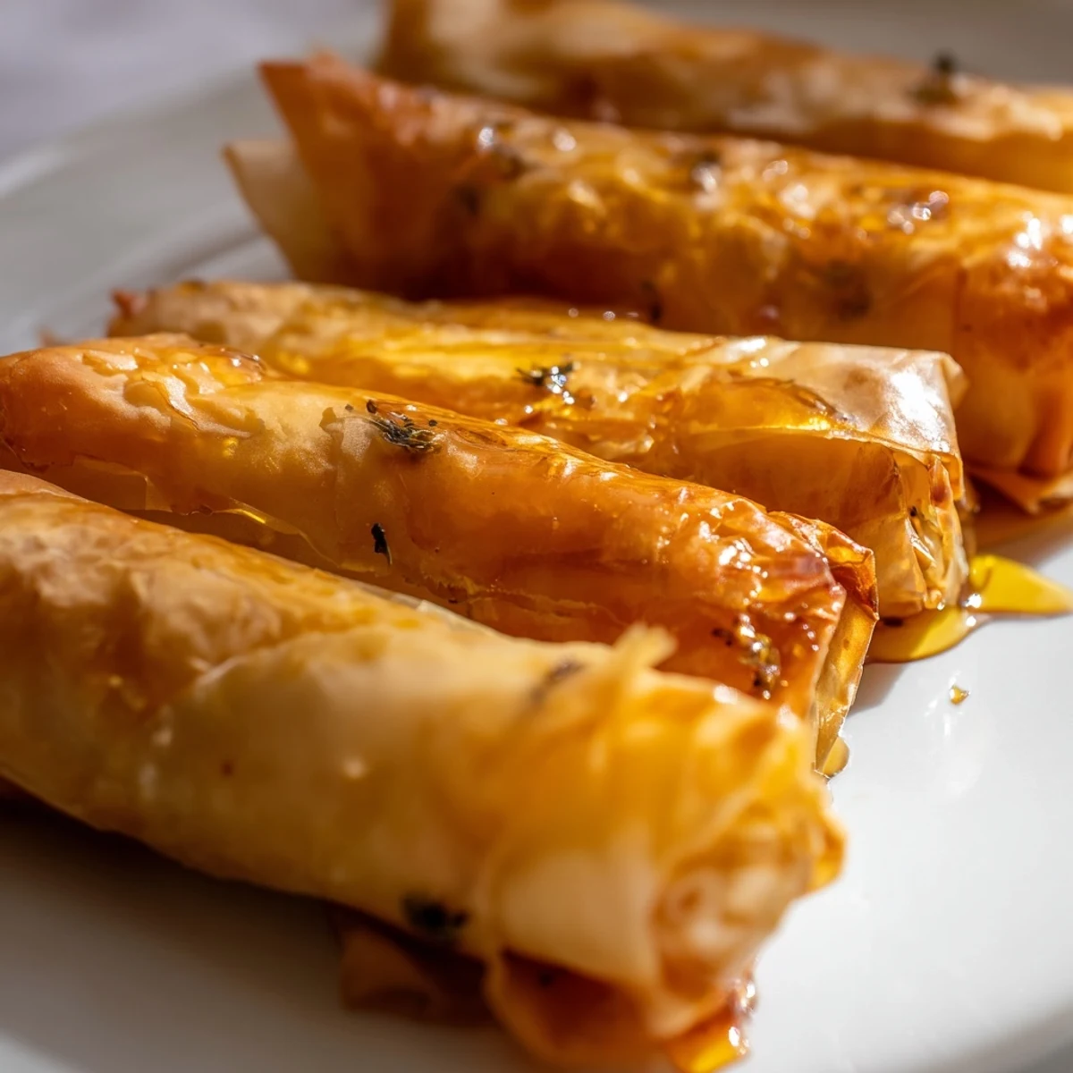 Golden crispy Oven Fried Feta Rolls With Chili Honey glistening on a white plate, drizzled with spicy sweet glaze and fresh herbs.