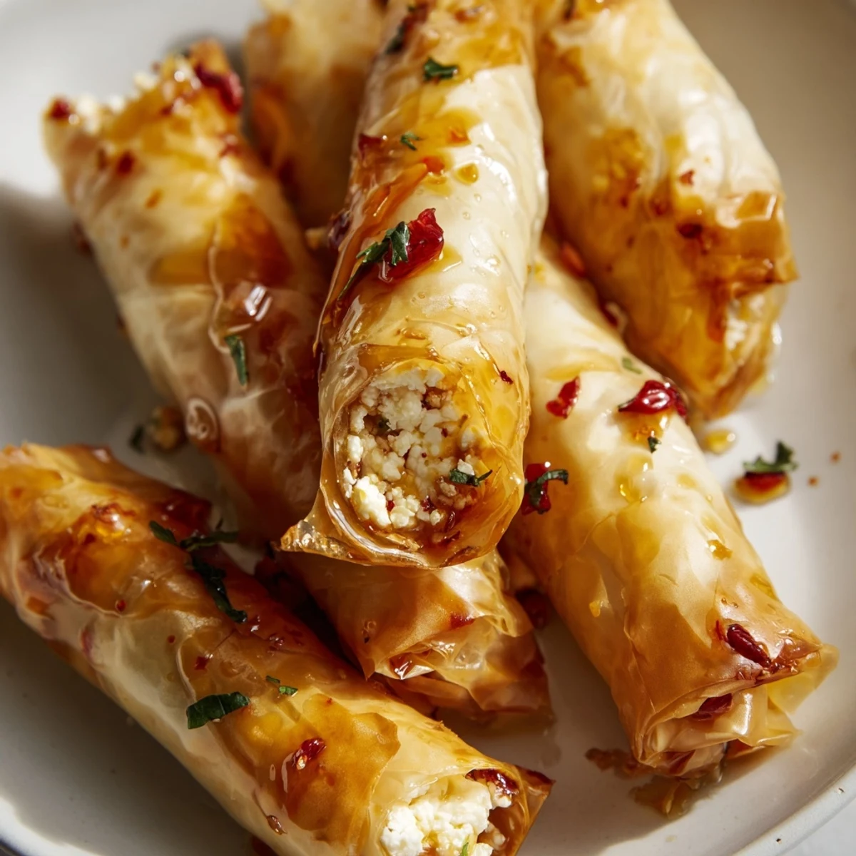 Appetizer platter with Oven Fried Feta Rolls With Chili Honey, garnished with parsley and dill, perfect for a Mediterranean party snack.