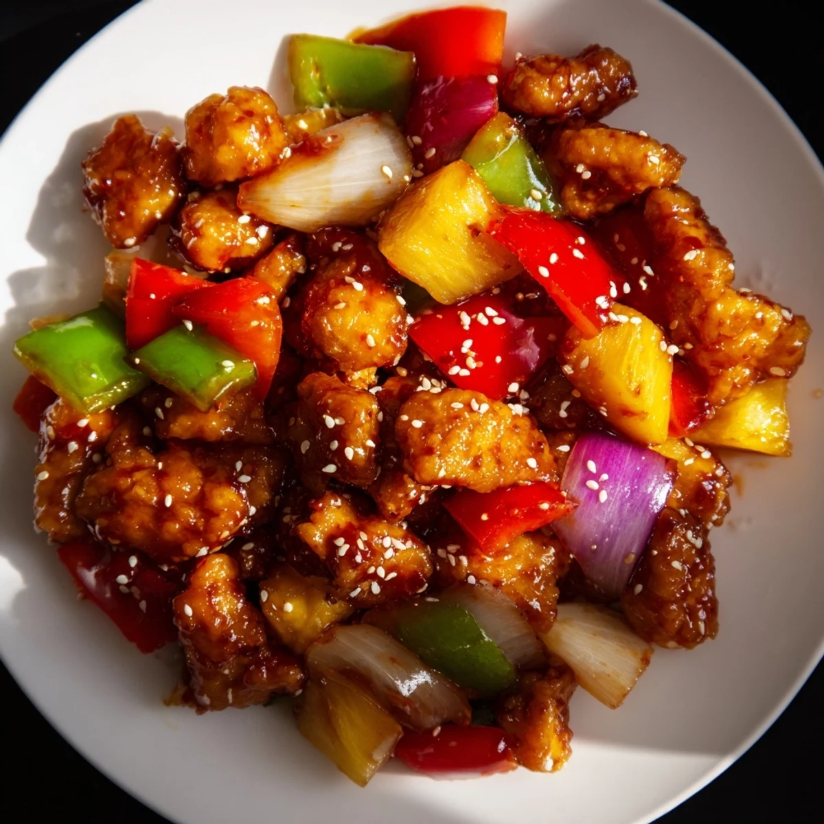 A close-up view shows sizzling Pineapple Chicken Stir Fry with Sweet Chili and Sesame Seeds cooking in a wok, with colorful veggies and a glossy, aromatic sauce.