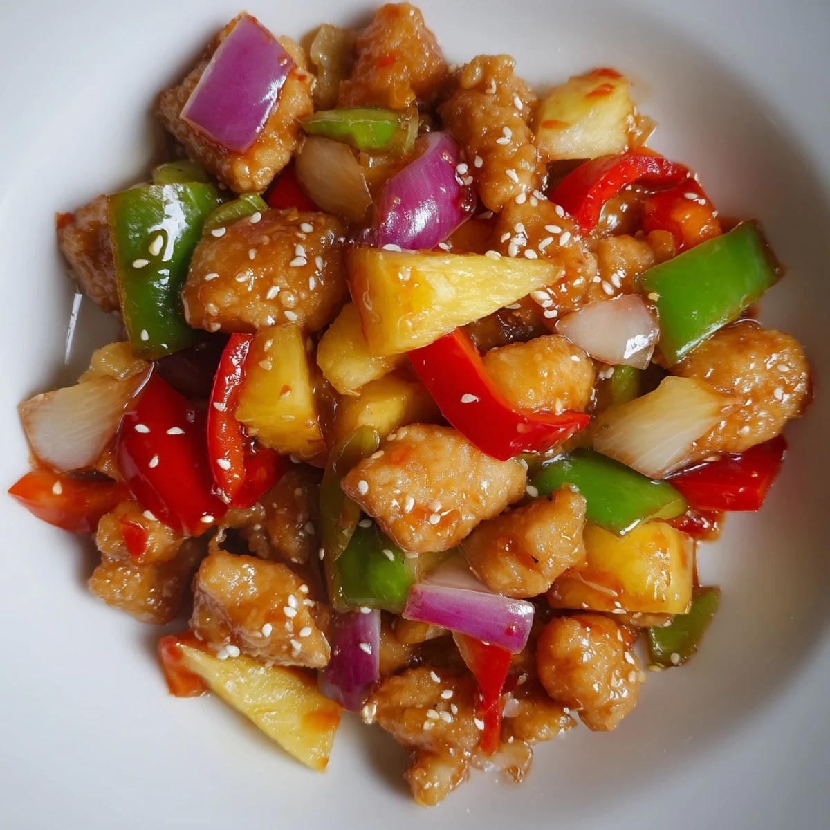 Bright chunks of juicy pineapple and tender chicken sit atop fluffy jasmine rice, garnished with vibrant peppers and sesame seeds in this Pineapple Chicken Stir Fry with Sweet Chili and Sesame Seeds.