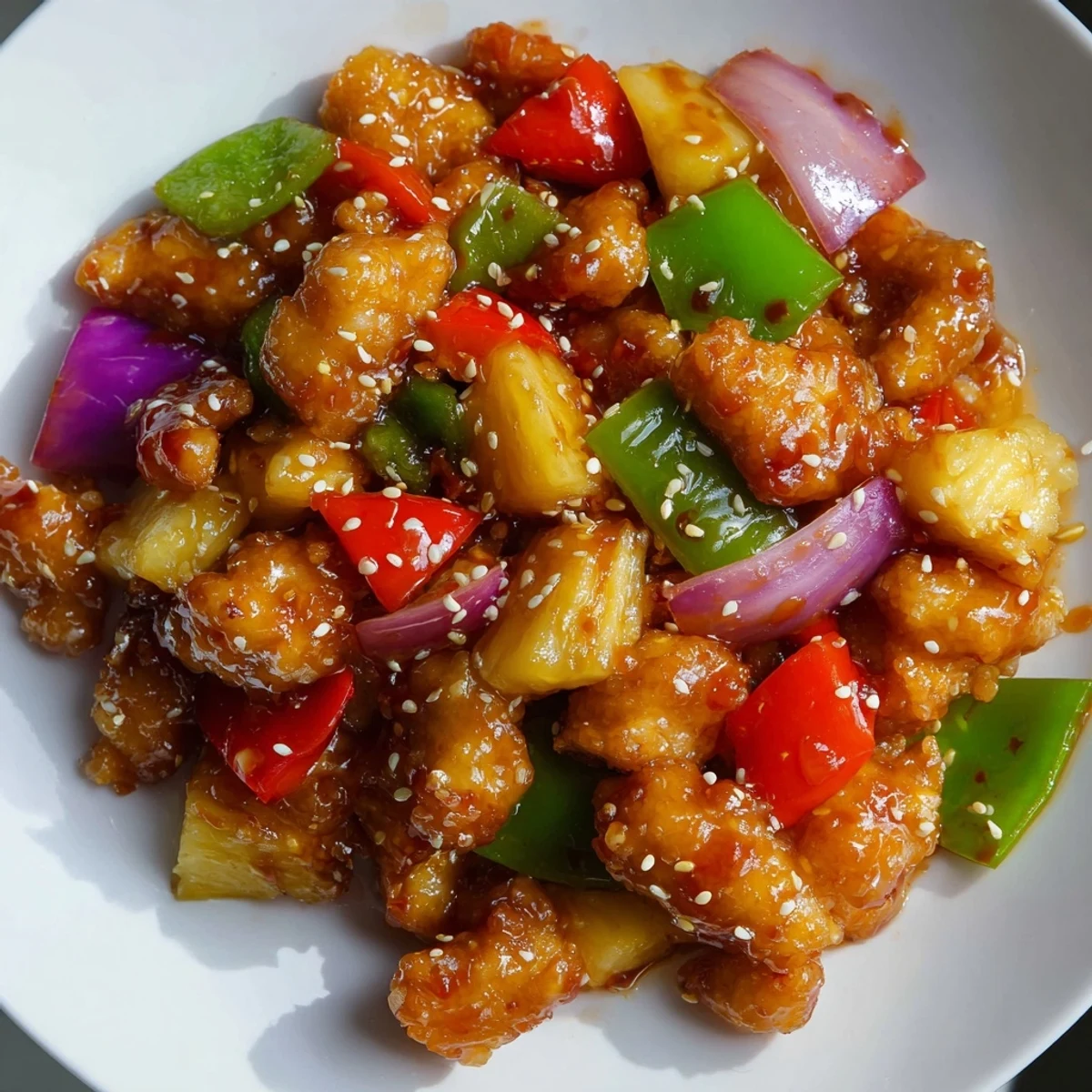 Golden pieces of chicken and sweet pineapple chunks tossed with crisp bell peppers and onions, finished with toasted sesame seeds in the Pineapple Chicken Stir Fry with Sweet Chili and Sesame Seeds.