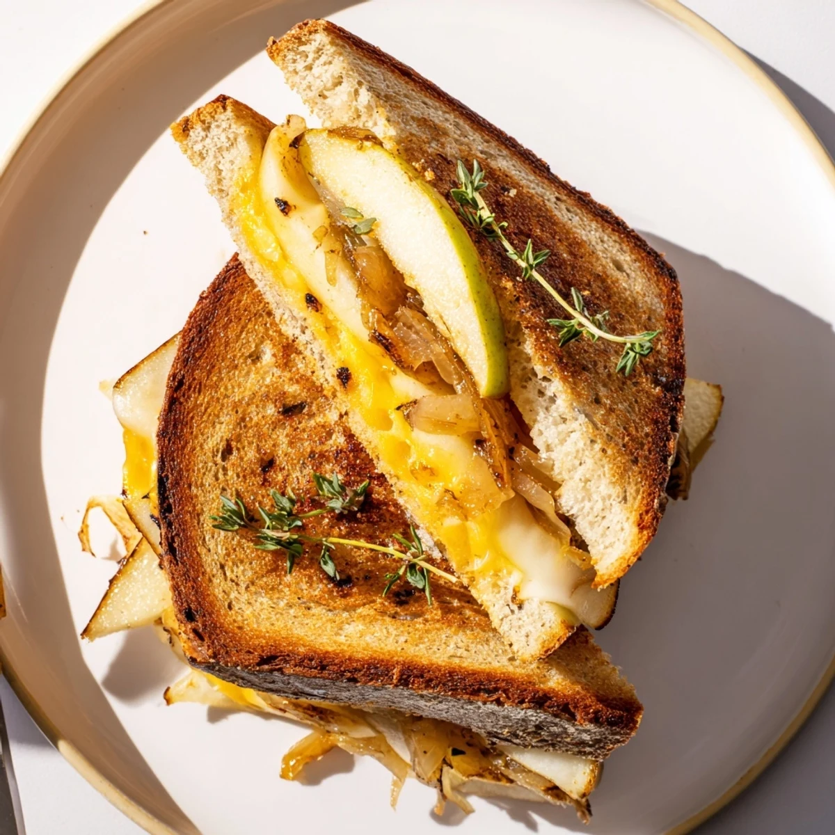 A golden grilled Pear, Apple & Grazed Cheese with Caramelized Onions, featuring melted sharp cheddar on toasted sourdough bread.