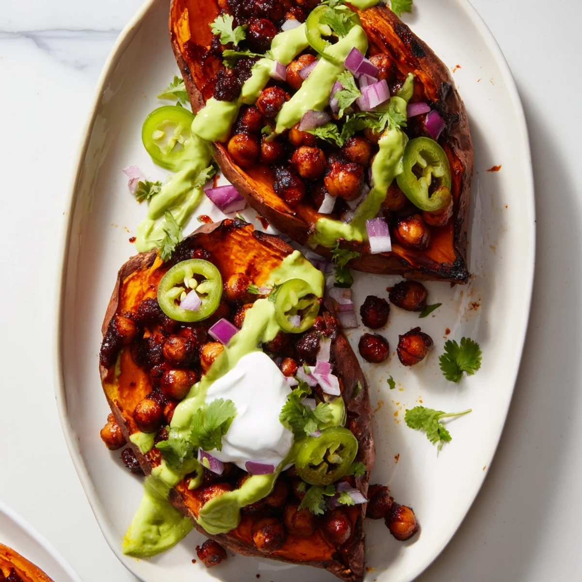 Vegan BBQ chickpea sweet potatoes garnished with fresh cilantro and red onion on a rustic wooden board.