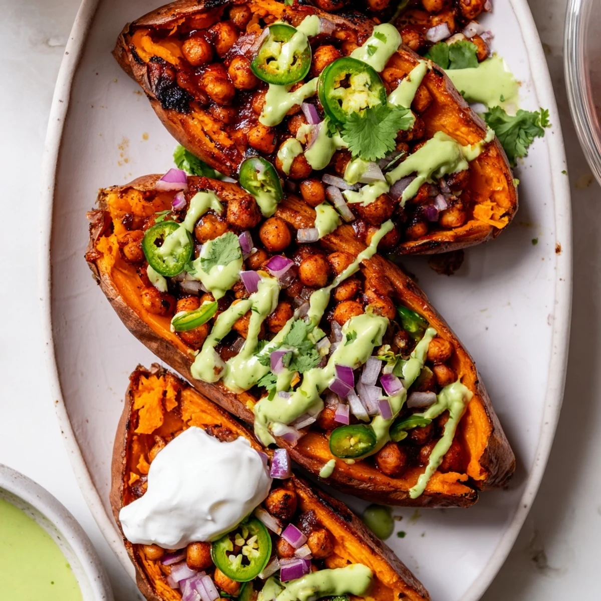 Roasted sweet potatoes topped with smoky BBQ chickpeas and vibrant avocado-lime drizzle for a hearty meal.