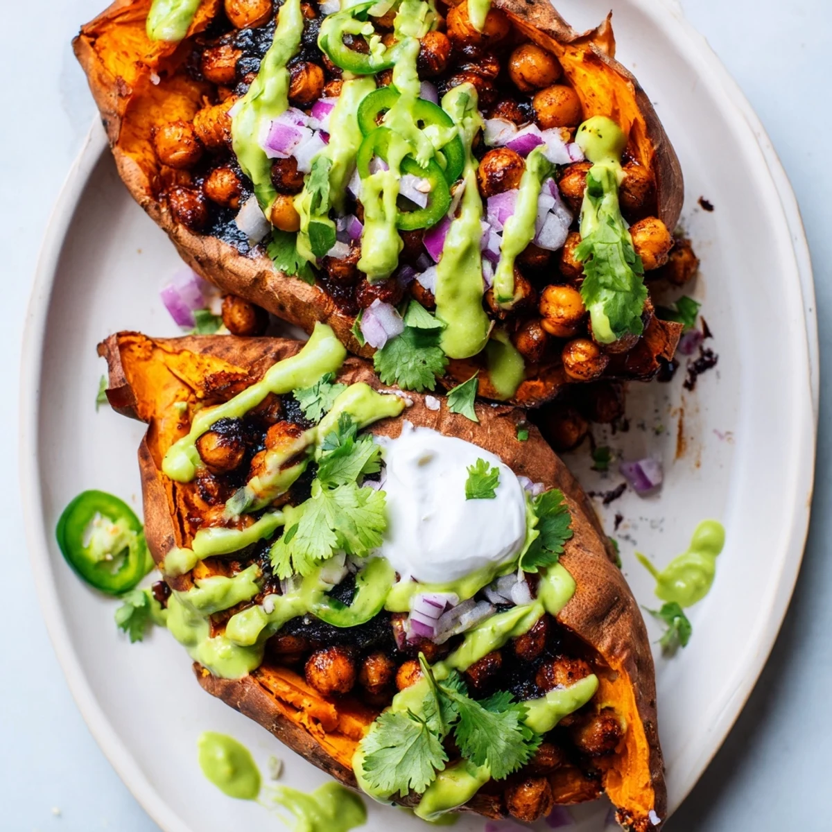 Close-up of warm vegan BBQ chickpea sweet potatoes with jalapeño slices and creamy avocado-lime drizzle.