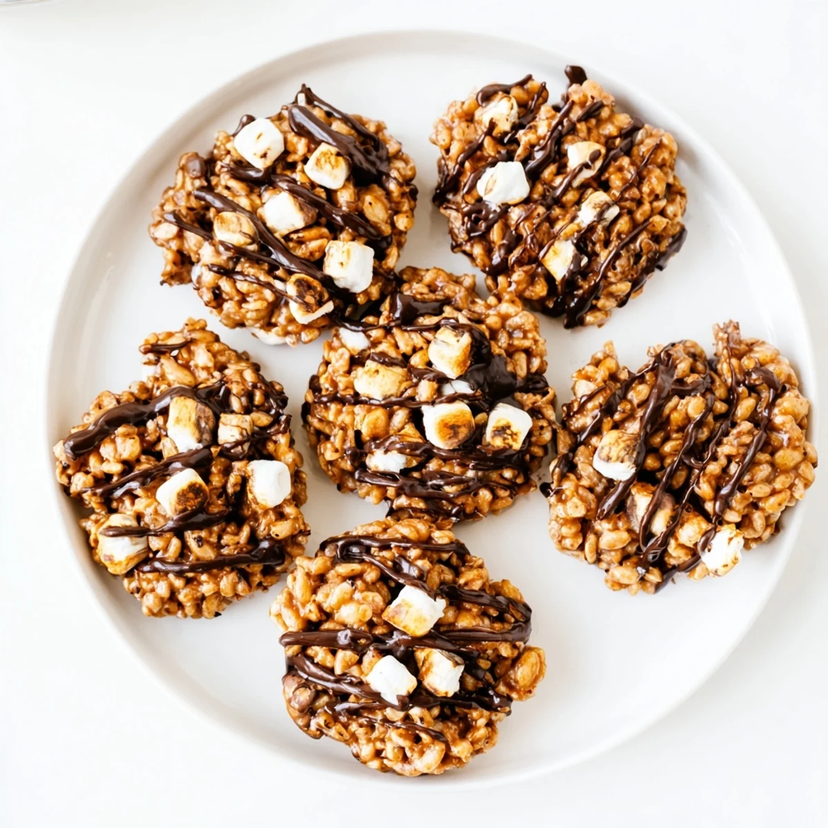 A close-up of No Bake Coffee Crunch Rice Krispie Cookies shows their glossy chocolate drizzle on a rustic wooden board.  