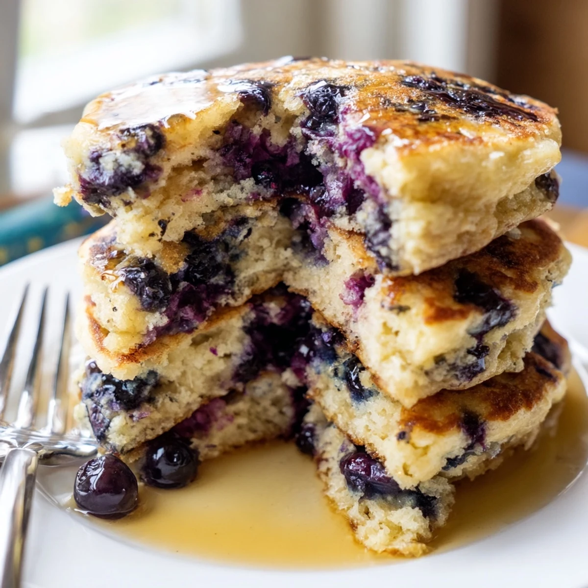 A close-up of Fluffy Greek Yogurt Blueberry Pancakes showing juicy blueberries and a dollop of yogurt.