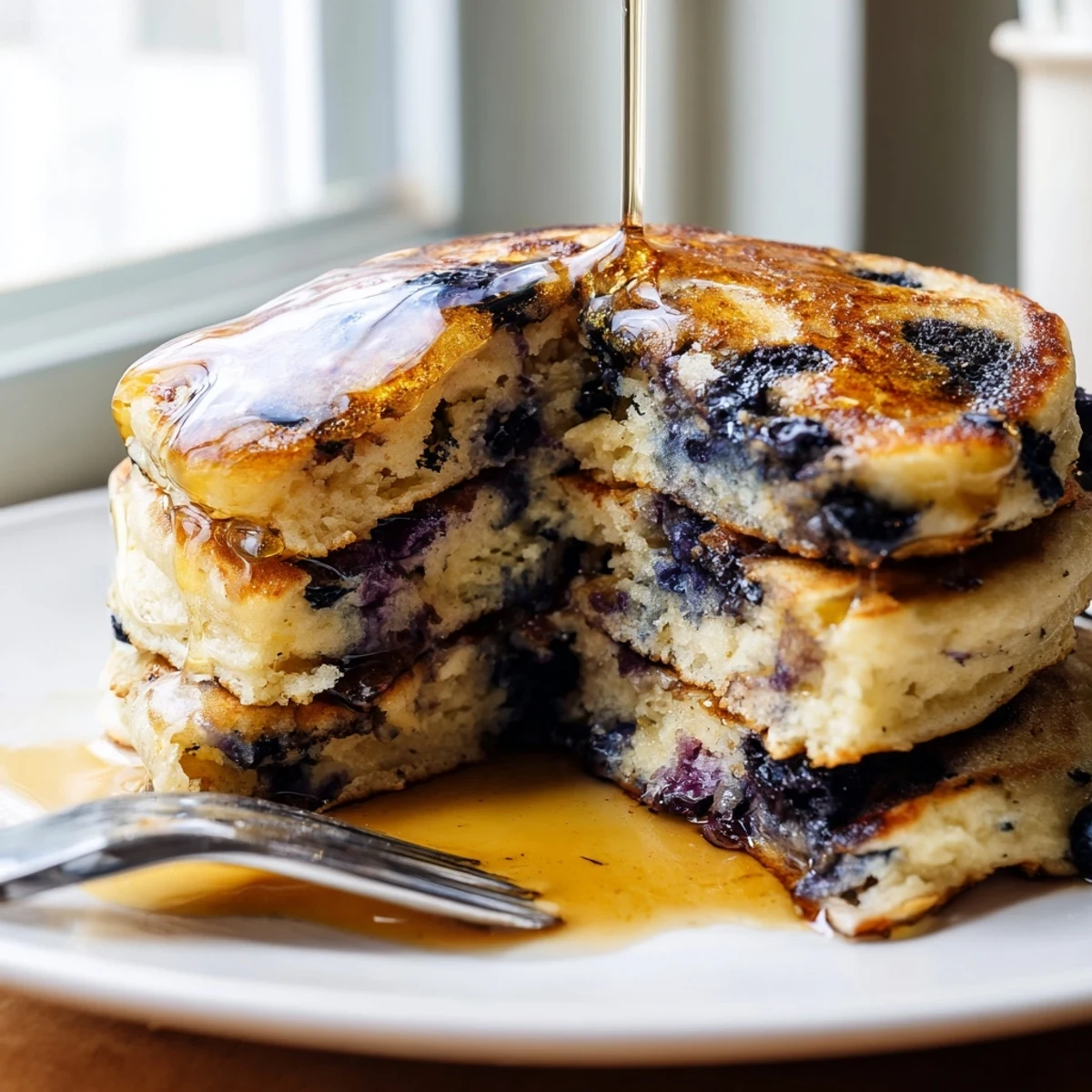 Stack of warm Fluffy Greek Yogurt Blueberry Pancakes dripping with maple syrup on a white plate.