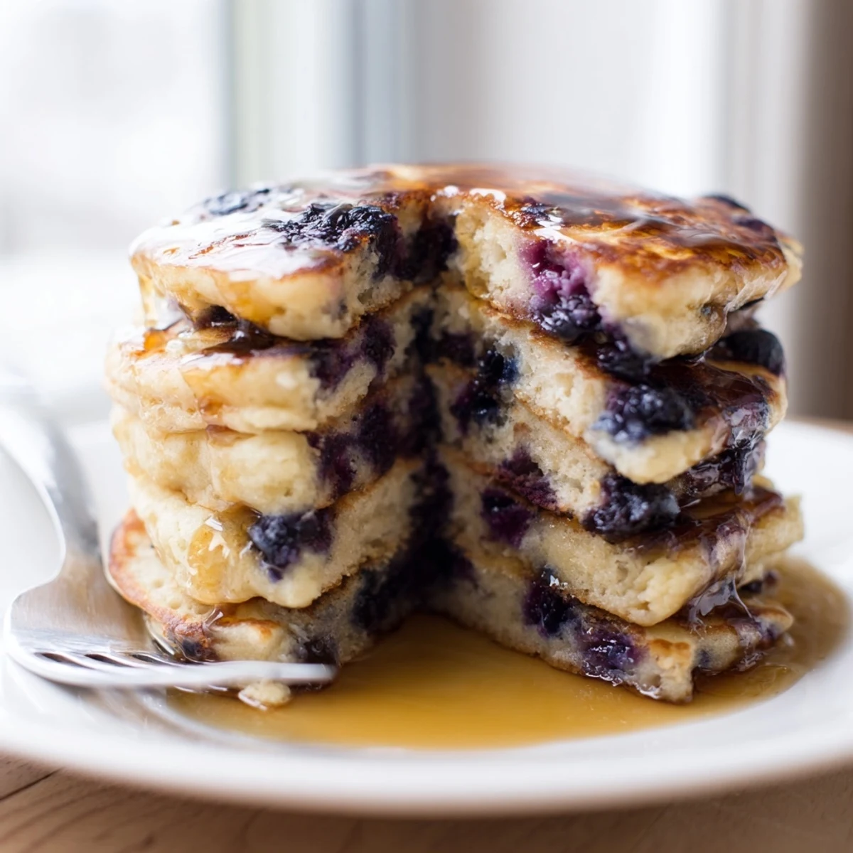 Easy breakfast of golden Fluffy Greek Yogurt Blueberry Pancakes served with fresh berries and a butter pat.