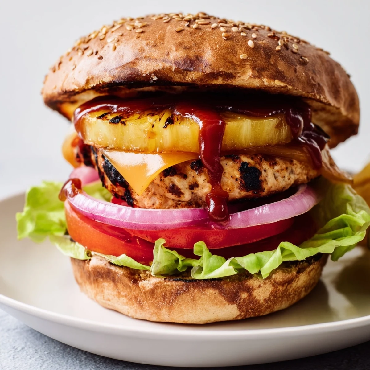 Juicy grilled Hawaiian Pineapple Chicken Burger with tangy barbecue sauce and fresh lettuce on a toasted bun.