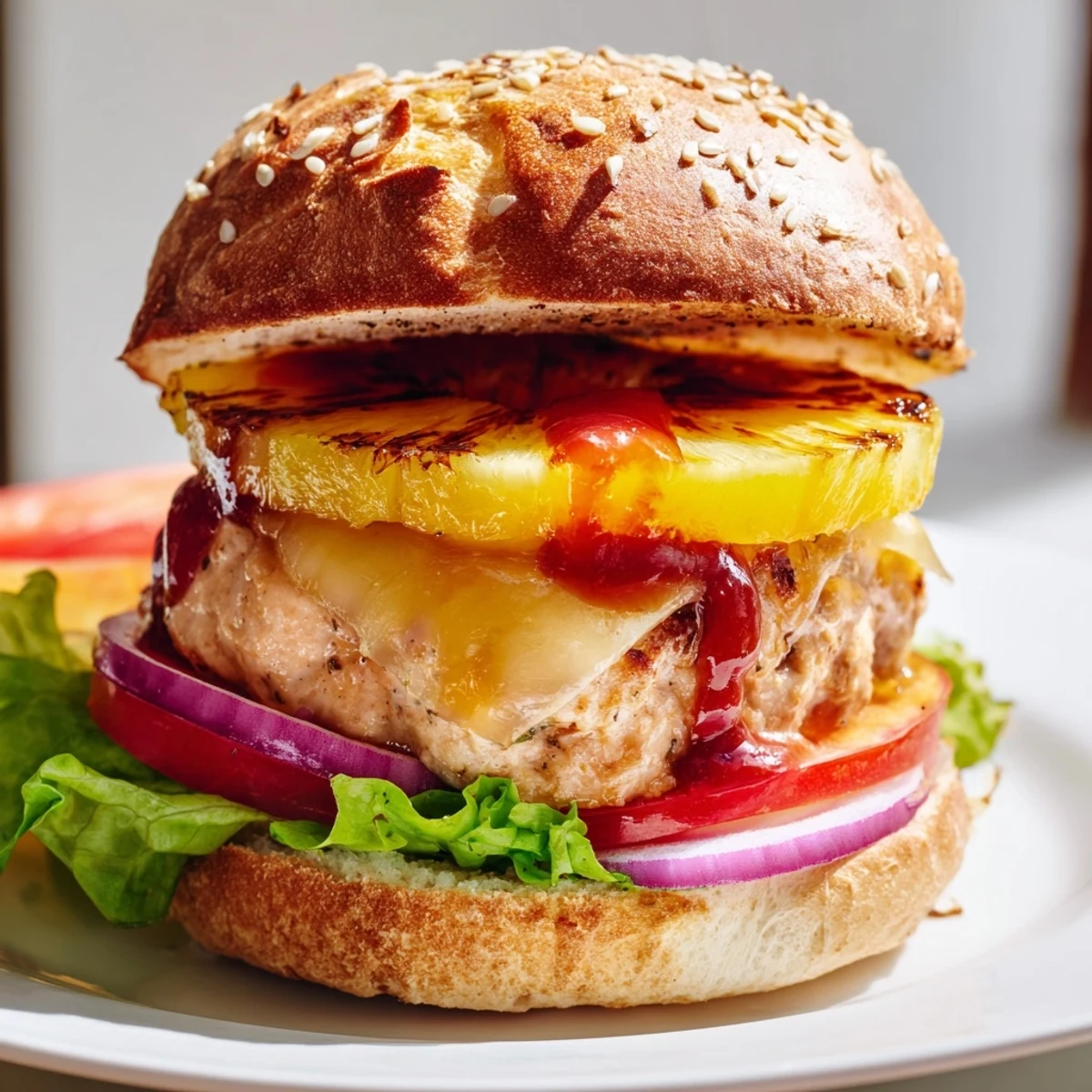 Served on a plate beside sweet potato fries, this tropical burger promises a sunny, island-inspired bite.