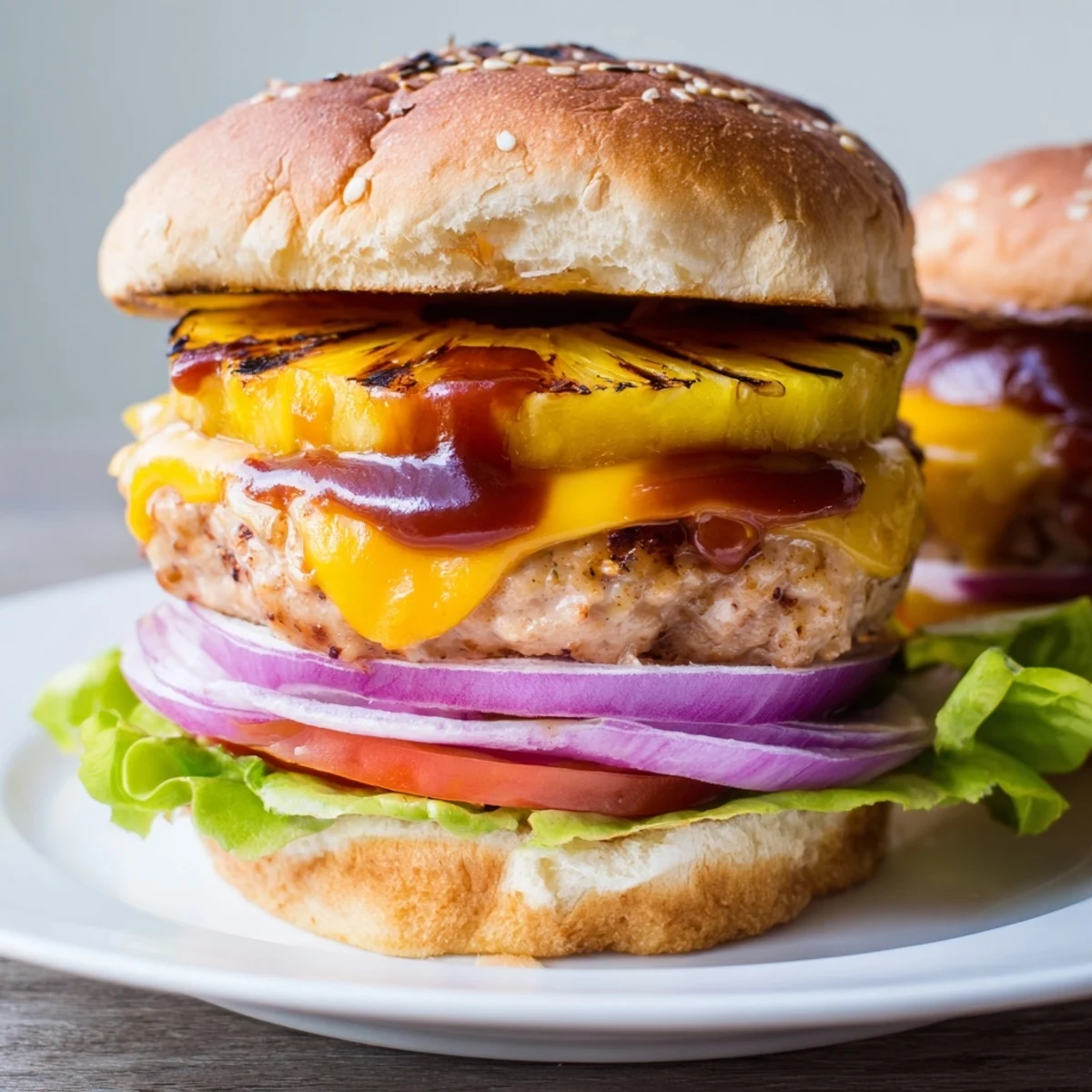 The pineapple ring glistens, caramelized edges contrasting with tender chicken patty and vibrant red tomato slices.