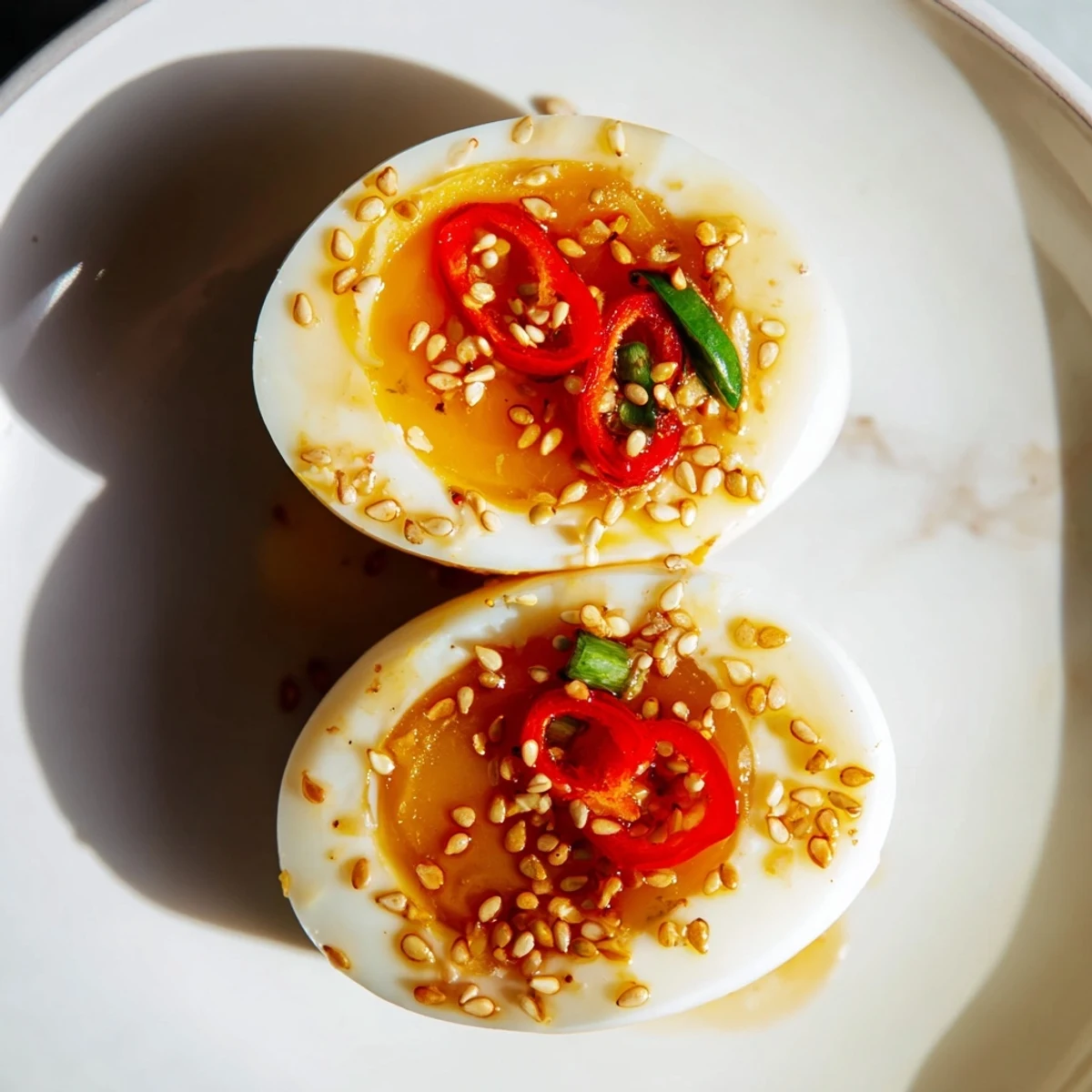 Peeling Korean Marinated Eggs to reveal jammy yolks, served over steamed rice with a drizzle of savory soy glaze.