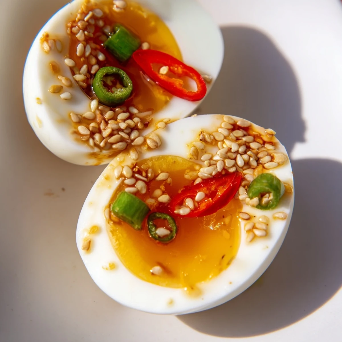 Six Korean Marinated Eggs resting in a jar of glossy, garlicky marinade with chili slices and toasted sesame seeds.