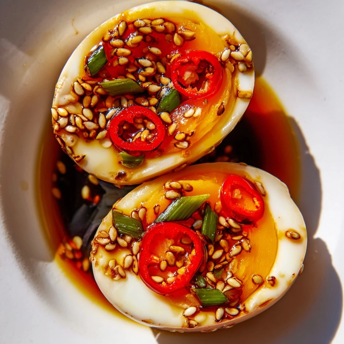 Korean Marinated Eggs halved and plated, glistening with sweet-savory sauce and garnished with green onions for a perfect snack.