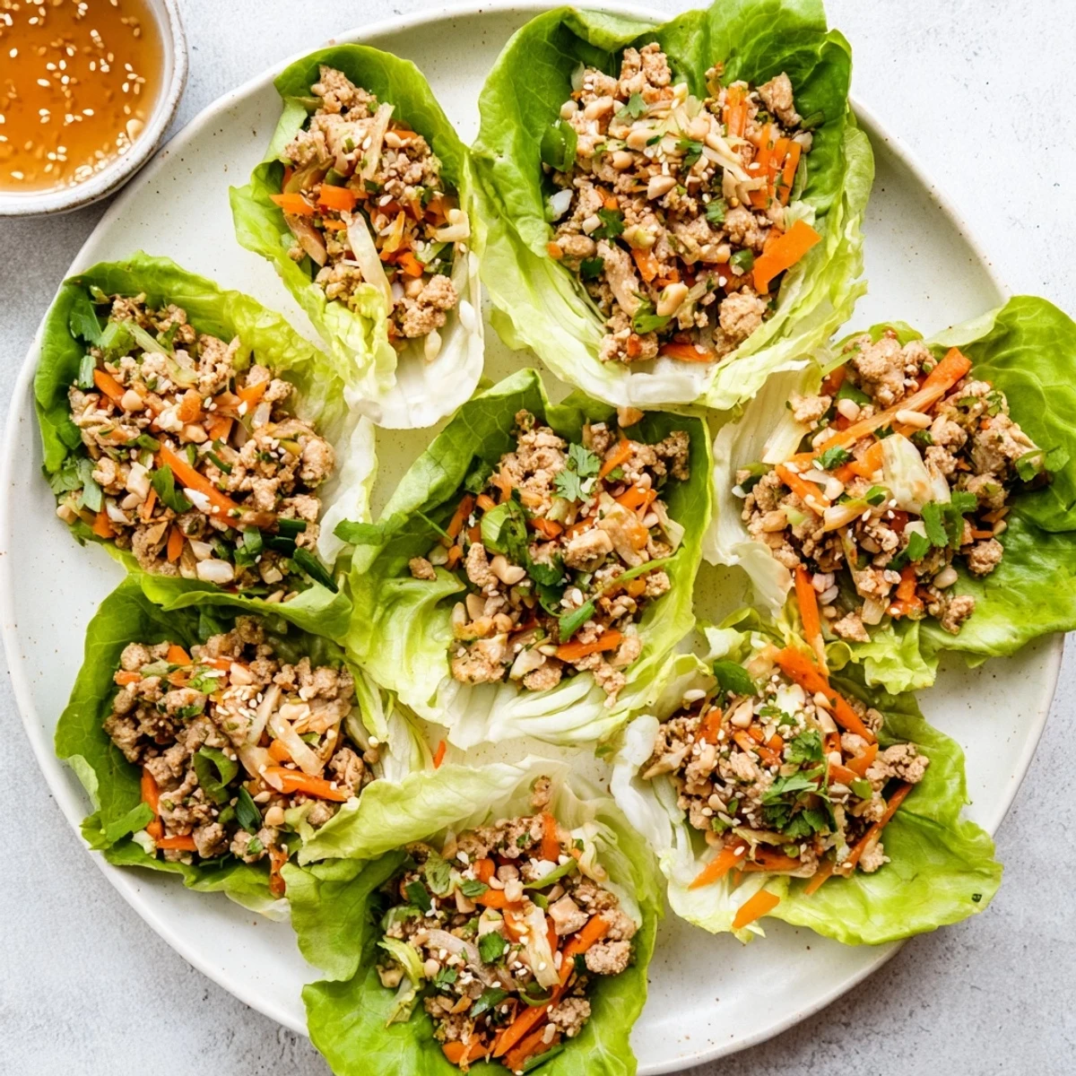 Juicy ground chicken with ginger and garlic in crisp butter lettuce boats, topped with sesame seeds, for a light Potsticker Chicken Lettuce Boats meal.