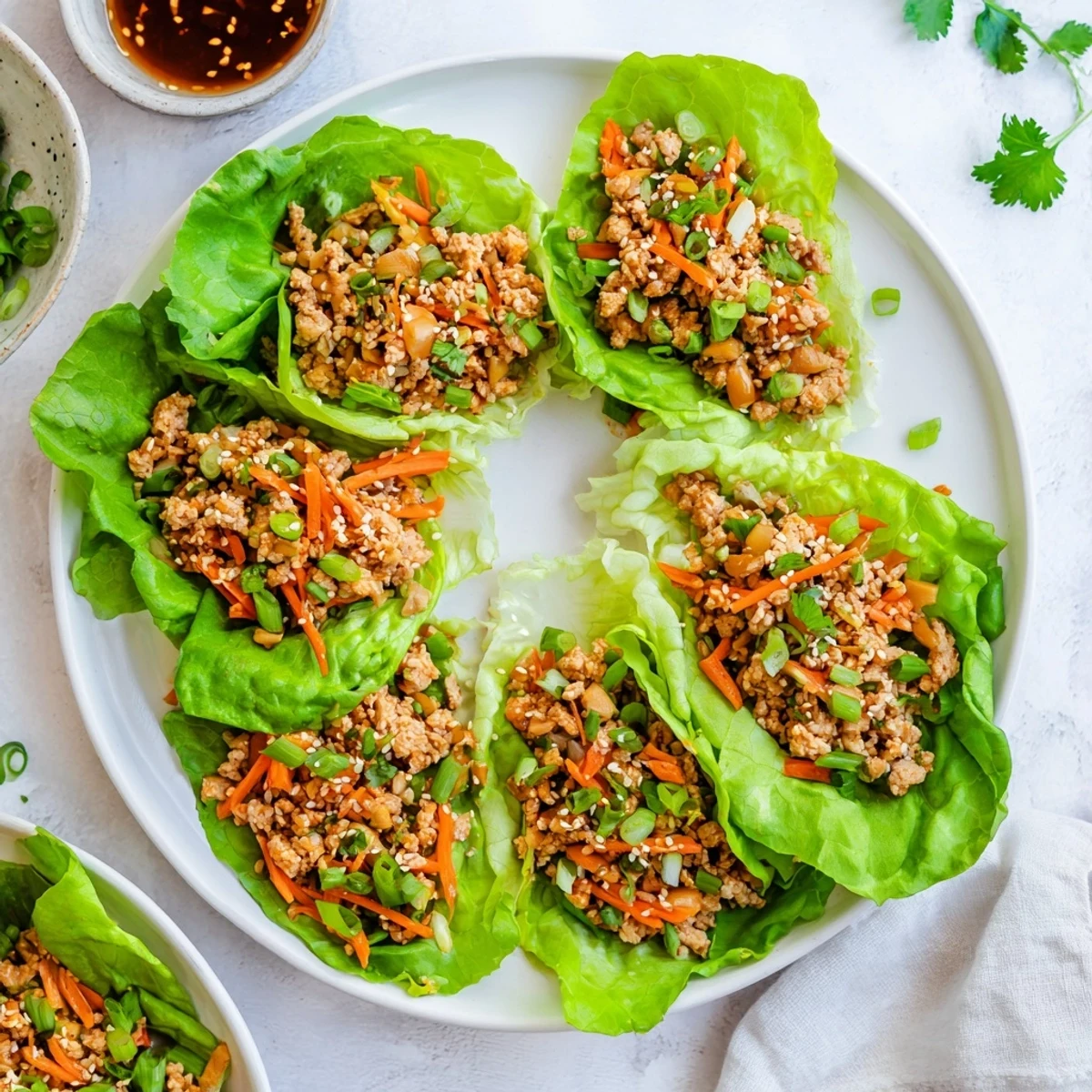 Potsticker Chicken Lettuce Boats arranged neatly with a small dipping sauce bowl on a rustic table, showcasing tender meat and crunchy vegetables.