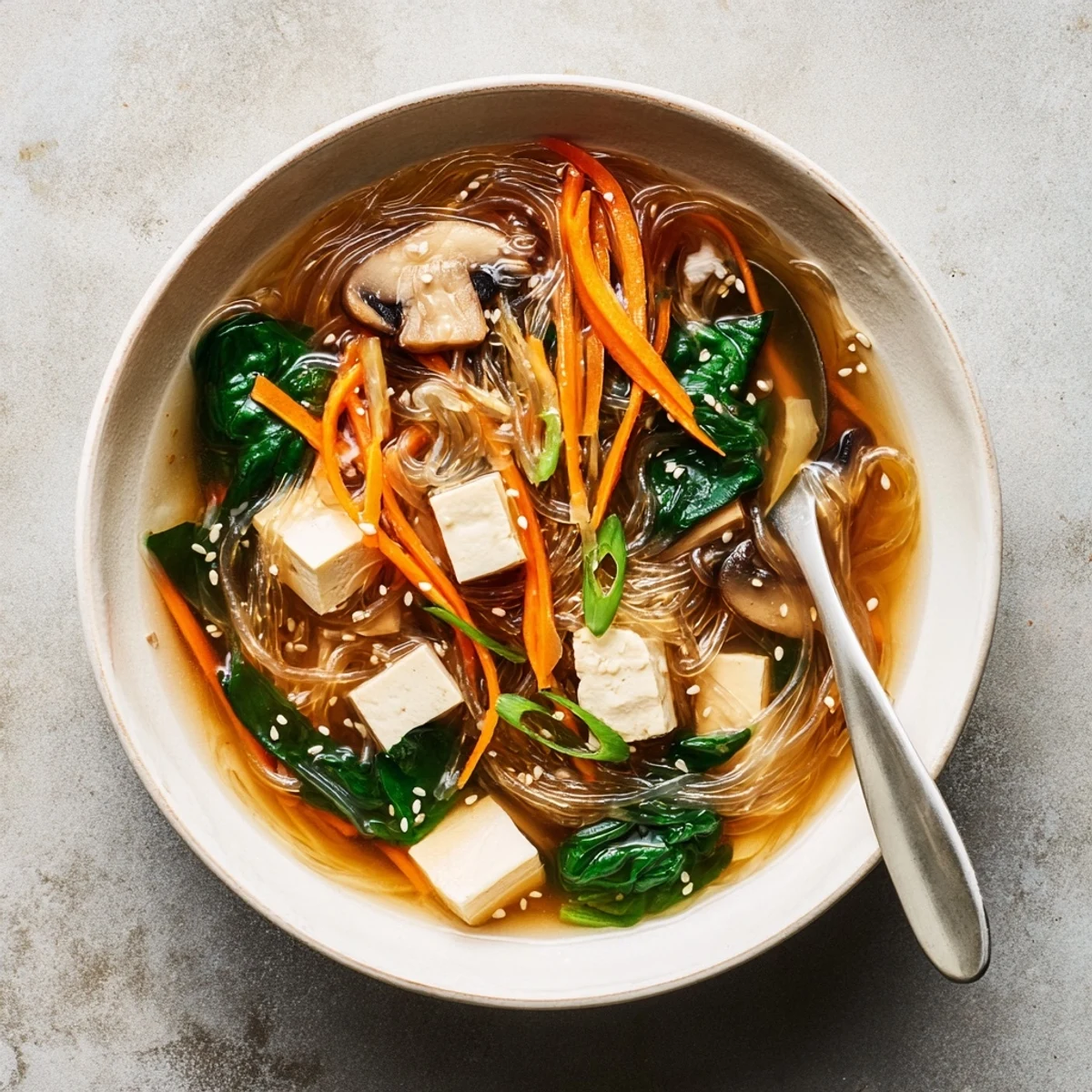 Steaming bowl of Japanese Harusame Noodle Soup with tender tofu and fresh spinach.