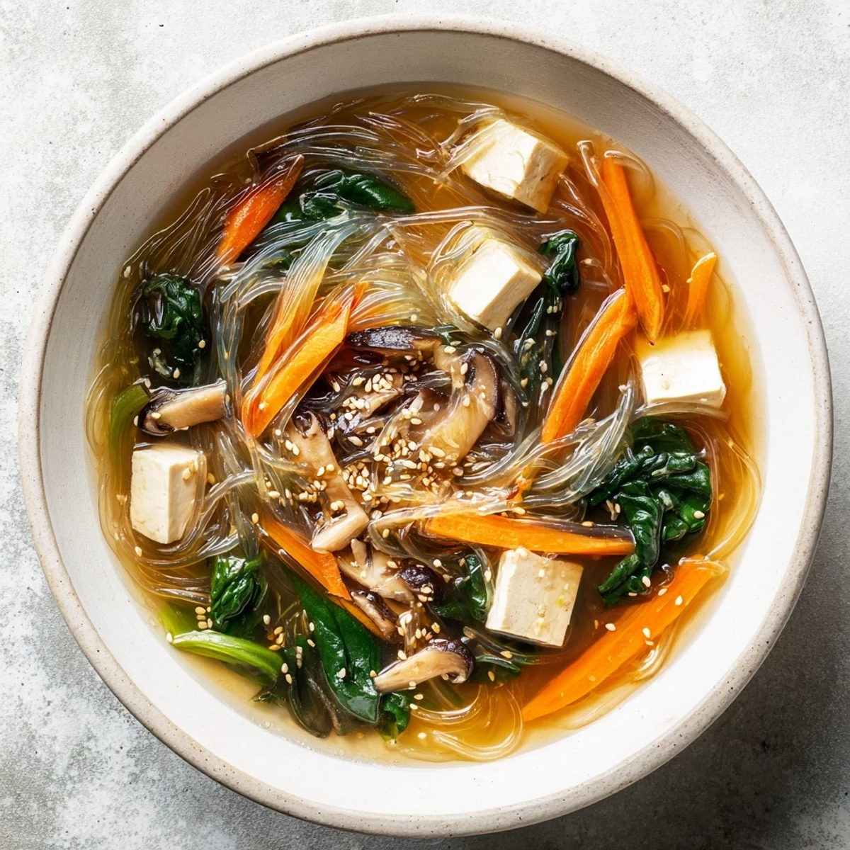 Close-up of Japanese Harusame Noodle Soup garnished with sesame seeds and scallions.